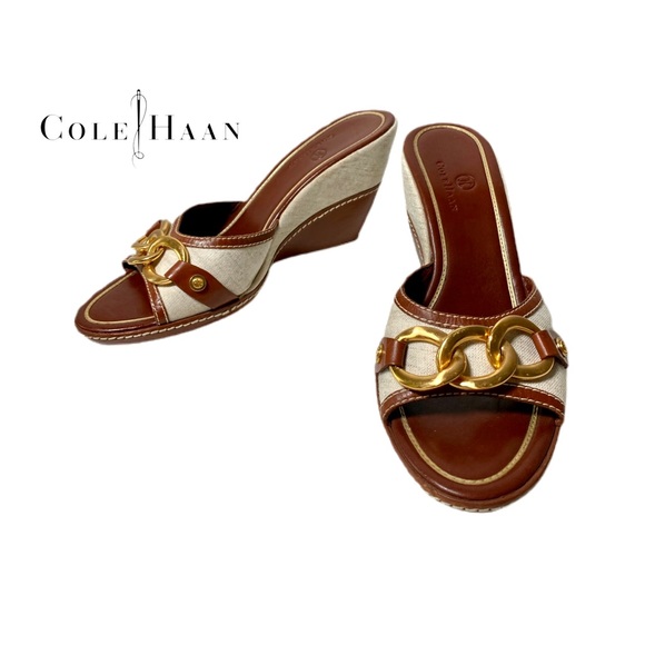 Cole Haan Shoes - Cole Haan Gold Chain Accent Slip On Wedge Heels